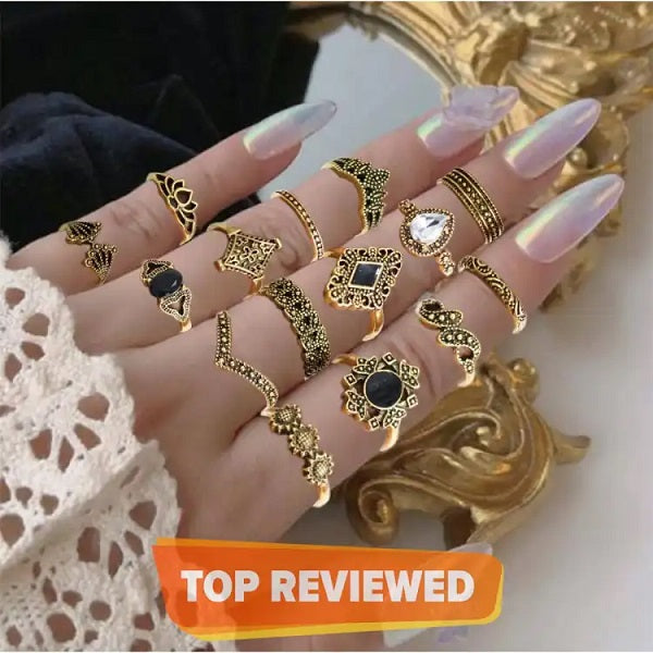 15 Pcs Alloy Antique Gold Plated Bohemian Plain Ring Set