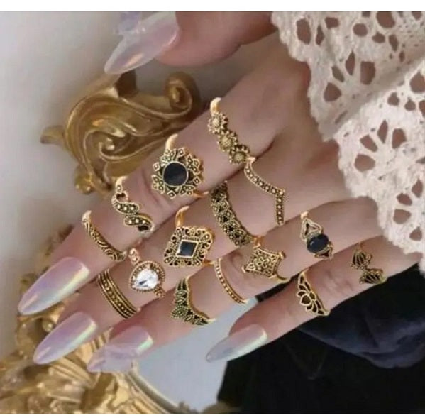 15 Pcs Alloy Antique Gold Plated Bohemian Plain Ring Set