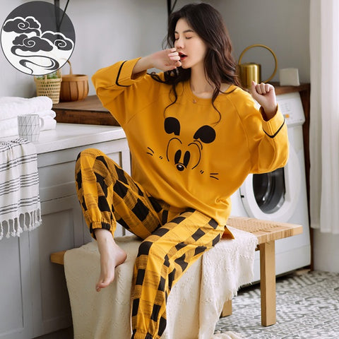 2 Pcs Women's Stitched Cotton Jersey Printed Night Suit - Yellow