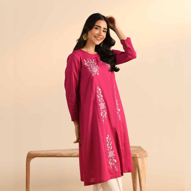 1 Pc Printed Fuchsia Embroidered Shirt