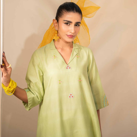 1 Pc Light Green Embroidered Shirt