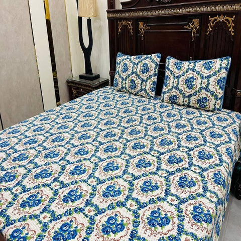 3 Pcs Mix Cotton Printed Double Aqua Blue Bedsheets