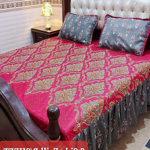 3 Pcs Cotton Printed Frill Double Maroon Bed Sheets