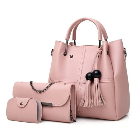 3 Pcs Women's Leather Plain Handbag Set