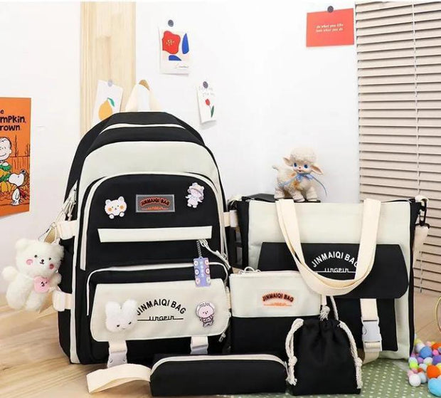 5 Pcs Girl's Fashion Black Backpack