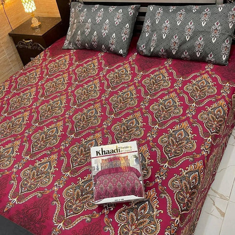 3 Pcs Cotton Printed Double Maroon Bedsheets