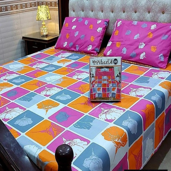 3 Pcs Mix Cotton Printed Double Bedsheets