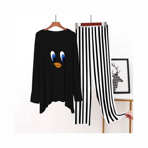 2 Pcs Women's Stitched Jersey Printed Sleepwear, Black Tweety