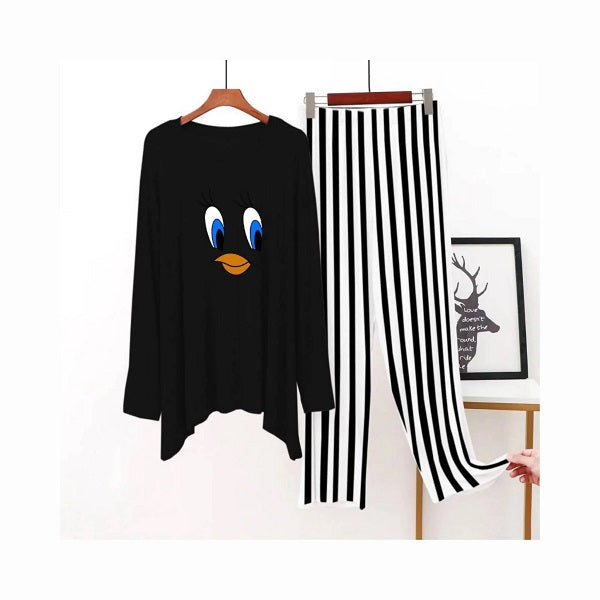 2 Pcs Women's Stitched Jersey Printed Sleepwear, Black Tweety